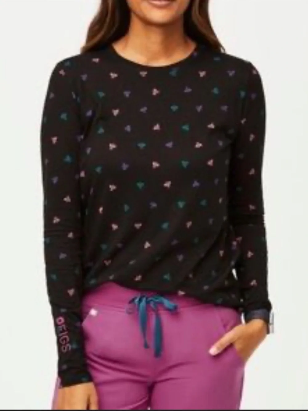 FIGS Black Tee with Pink, Teal & Medical Patterns - Picture 1 of 7